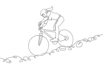 Wall Mural - One continuous line. Cyclist on a bike in the mountains. Mountain bike. Extreme sport.Woman cyclist.One continuous line drawn isolated, white background.