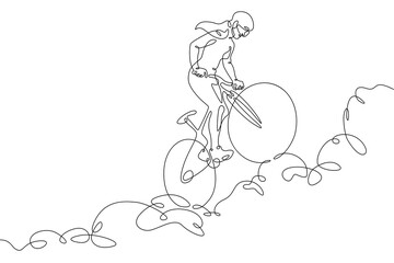 Wall Mural - One continuous line. Cyclist on a bike in the mountains. Mountain bike. Extreme sport.Woman cyclist.One continuous line drawn isolated, white background.