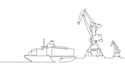 Poster - one continuous line. cargo seaport. pier with loading cranes. unloading arrived cargoes. port dock. 