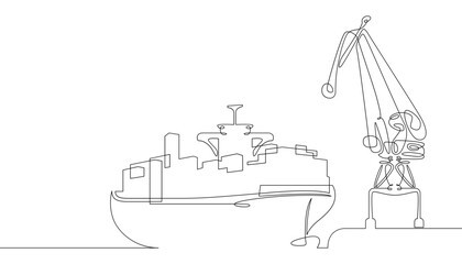 Poster - one continuous line. cargo seaport. pier with loading cranes. unloading arrived cargoes. port dock. 