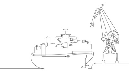 Poster - One continuous line. Cargo seaport. Pier with loading cranes. Unloading arrived cargoes. Port dock. Container ship unloading.One continuous line drawn isolated, white background.