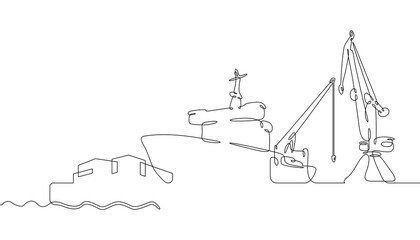 Poster - one continuous line. cargo seaport. pier with loading cranes. unloading arrived cargoes. port dock. 