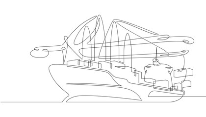 Poster - One continuous line. Cargo seaport. Pier with loading cranes. Unloading arrived cargoes. Port dock. Container ship unloading.One continuous line drawn isolated, white background.