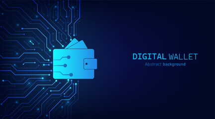 Poster - Digital wallet on dark blue circuit background. Digital wallet application internet banking. Mobile banking, online finance, e-commerce, money transaction concept. Online payment. Vector illustration.