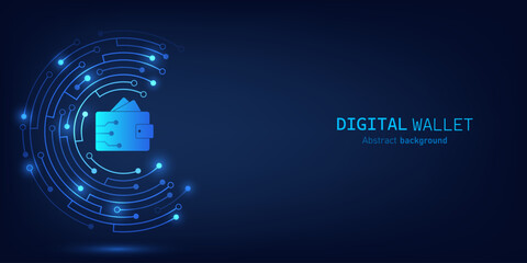 Aufkleber - Digital wallet on dark blue circuit background. Digital wallet application internet banking. Mobile banking, online finance, e-commerce, money transaction concept. Online payment. Vector illustration.