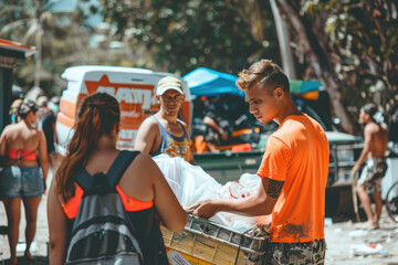 Poster - volunteers giving humanitarian aid to the victims