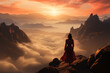 Nature, states of mind, travel, beauty and fashion concept. Woman with red dress standing on mountain and looking to horizon. Clouds and mountains in background during sunset