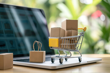 small product package boxes and shopping bag in cart with laptop computer