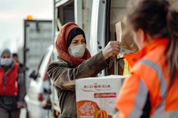 Poster - volunteers giving humanitarian aid to the victims