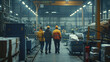 Cinematic still of 3 employees working together at a large factory