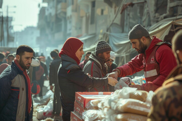 Poster - volunteers giving humanitarian aid to the victims