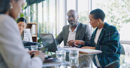Aufkleber - Planning, mentor and laptop with business people in meeting for project management, strategy and website. Coaching, teamwork and training with employees in office for brainstorming and solution