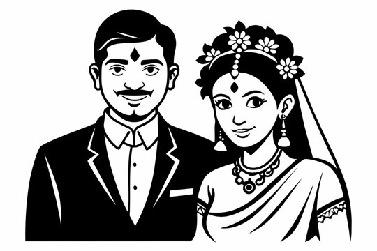 wedding Indian couple clipart black and white on white background