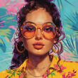 illustration of beautiful woman in sunglasses with a tropical background