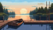 Tranquil lakeside dock with rowboat and fishing pol