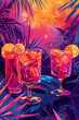 illustration of  cocktails with ice on tropical beach background