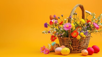 Colorful Easter basket filled with flowers and eggs on a vibrant yellow background, festive spring celebration concept