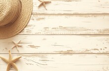 Flat Lay Of A White Wooden Background With Beach Elements Like Sand, Starfish And A Straw Hat In The Bottom Corner