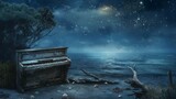 Fototapeta Uliczki - Envision a secluded cove where a weathered piano sits amidst driftwood and seashells