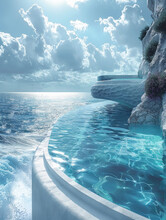 A Beautiful Blue Ocean With A White Rock Wall And A White Ledge