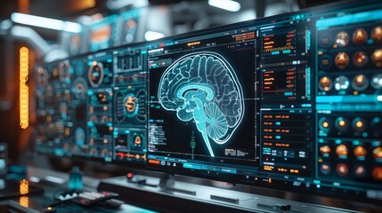 Leinwandbilder - Abstract technology in health care, digital medical interface of brain signal scans