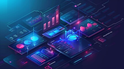 Leinwandbilder - Graphs, analysis data and charts regarding investments and trade in a 3D isometric modern. Business concept. Financial analytic and business infographic elements on screen laptops.