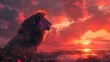 Lion sitting on a rock at sunset with a red sky and clouds in the background
