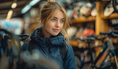 Wall Mural - Young woman chooses mountain bike in the sports shop