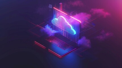 Aufkleber - Connecting a laptop to cloud storage for collaborative work. Working with a remote team and working with the project in shared access. Concept of an isometric infographic.