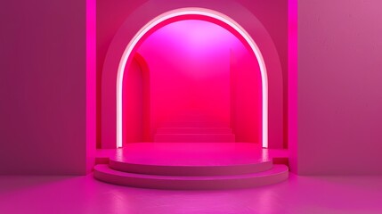 Aufkleber - The scene has geometrical forms, arch with podium in vivid neon pink colors, minimal background and pink background.