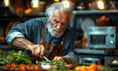 Wall Mural - Senior bearded chef in uniform and apron cooking in the kitchen slicing fresh vegetables for salad