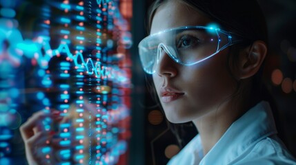 Aufkleber - An augmented reality hologram of a woman doctor watching DNA samples in a laboratory using futuristic new innovations.