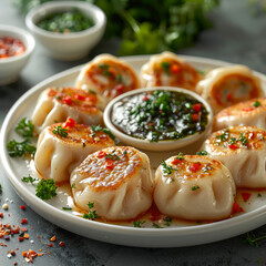 Steamed dumplings with meat and vegetables on plate