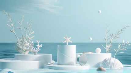Leinwandbilder - This is a natural beauty podium backdrop with cylinder box for cosmetic product display. An abstract 3D scene composition background with a seascape background.
