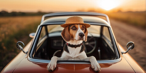 Cute funny dog in sunglasses and summer hat on the road trip peeking from car while traveling on sunny summer day