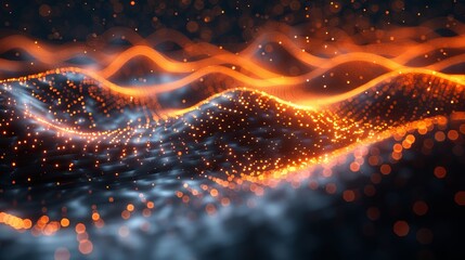 Poster - Luminous particles moving in an abstract background. Digital technology. Rendering in 3D.