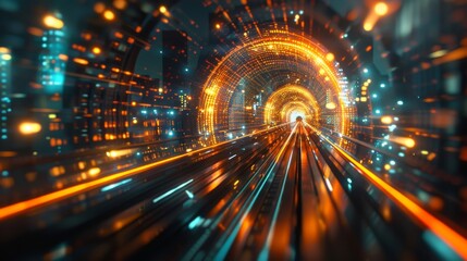Leinwandbilder - 3D rendering of the hyper loop in a megacity at night with blurred lights from buildings' lights. Conceptualization of next-generation technology, financial technology, big data, 5G, machine