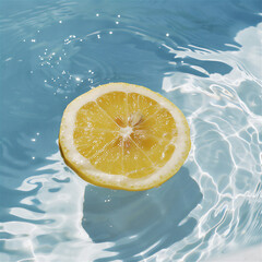 Wall Mural - yellow lemon slice laid out in a white pool with blue water