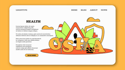 Vector flat OSHA web banner or landing page. Service protecting worker safety hazards at job. Occupational Safety and Health Administration. Labor protection policy. Regulation for trauma prevention