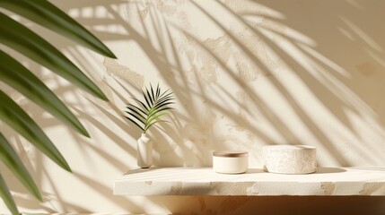 Canvas Print - 3D rendering of a natural beauty backdrop with stone texture and tropical palm leaves shadow.