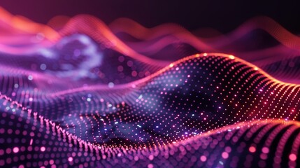 Poster - Discrete dots of red purple and light gradients on a dark background. Abstract technology big data digital background. 3D rendering.