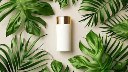 Poster - Blank cosmetic tube container with tropical palm leaves background. 3D render.