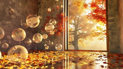 Poster - Autumn scene with bubble balls and window. 3D rendering.