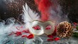 Mystical Aura: Red and White Smoke Surrounds Angel Feather Mask on Glass Background with Diamond Particles and Floral Accents