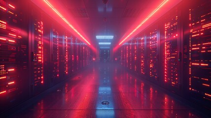 Leinwandbilder - Server room with LED console. Backup, mining, hosting, mainframes, farms, and computer racks with storage information. Three dimensional rendering.