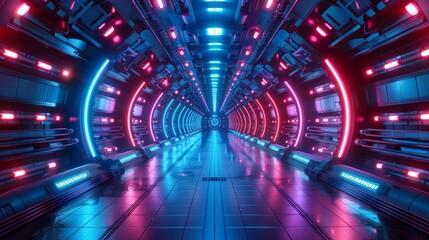 Aufkleber - An illuminated corridor interior design for a sci-fi spaceship. An abstract interior design of a sci-fi spaceship corridor on a blue background. 3d rendering.