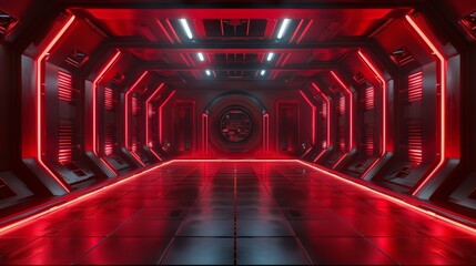 Leinwandbilder - An empty red stage in a futuristic sci-fi setting. 3D rendering