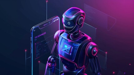 Aufkleber - Mobile online chat bot. Cyborg or robot with AI look out of screen phone. Chatbot, internet helper, virtual support of web services. Technology concept.