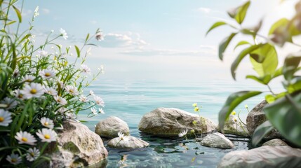 Aufkleber - 3D seascape backdrop with stone and wild flowers for a product display.