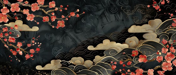 Wall Mural - Background with gold and black texture modern. Cherry blossom flower and Chinese hand drawn cloud decorations in vintage style. Art landscape template.